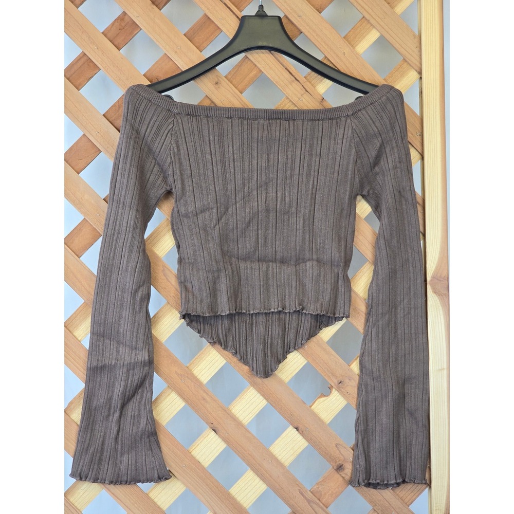 Forever 21 Sweater Top Women S Espresso Brown Ribbed Off Shoulder V-Hem - New